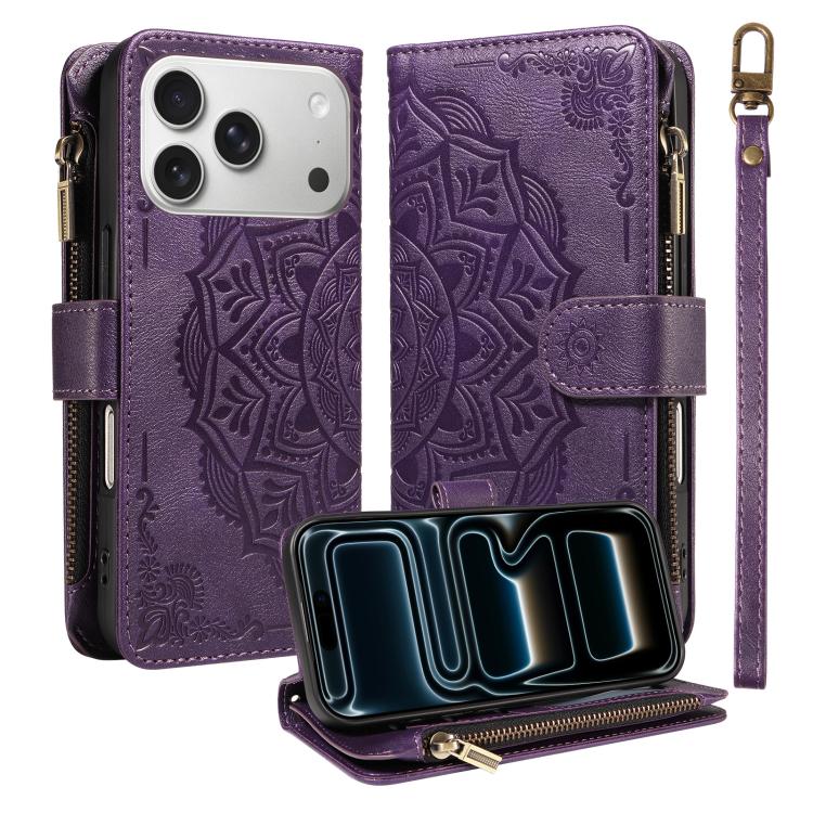 Custodia per telefono in ecopelle vegana con cerniera, protezione RFID e cordino corto, con motivo mandala in rilievo, 9 scomparti per carte e scomparto RFID., For iPhone 17e / 16e, For iPhone 17 Pro Max, For iPhone 17 Pro, For iPhone 17