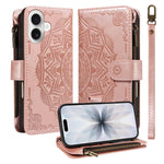 Custodia per telefono in ecopelle vegana con cerniera, protezione RFID e cordino corto, con motivo mandala in rilievo, 9 scomparti per carte e scomparto RFID., For iPhone 17e / 16e, For iPhone 17 Pro Max, For iPhone 17 Pro, For iPhone 17