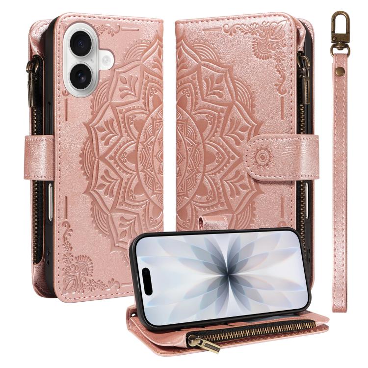 Custodia per telefono in ecopelle vegana con cerniera, protezione RFID e cordino corto, con motivo mandala in rilievo, 9 scomparti per carte e scomparto RFID., For iPhone 17e / 16e, For iPhone 17 Pro Max, For iPhone 17 Pro, For iPhone 17
