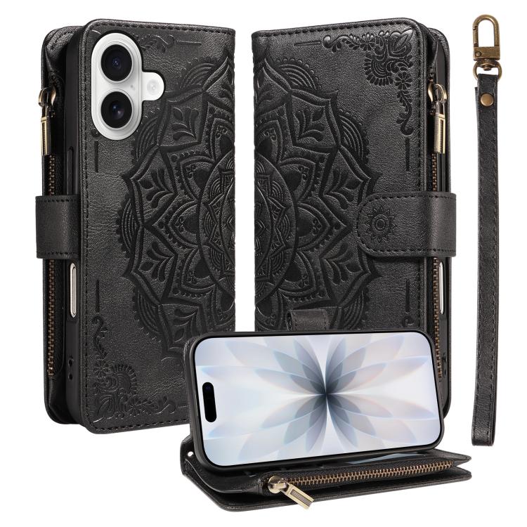 Custodia per telefono in ecopelle vegana con cerniera, protezione RFID e cordino corto, con motivo mandala in rilievo, 9 scomparti per carte e scomparto RFID., For iPhone 17e / 16e, For iPhone 17 Pro Max, For iPhone 17 Pro, For iPhone 17