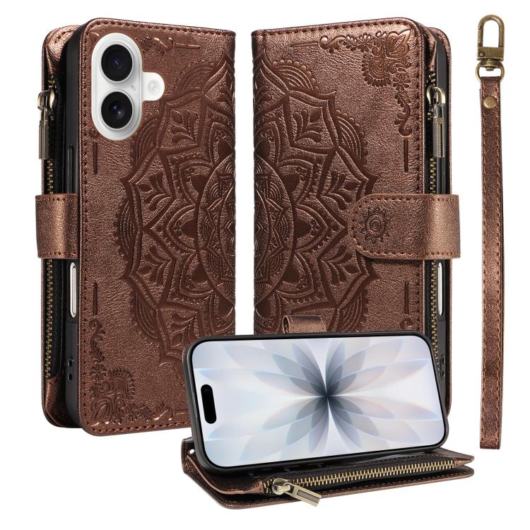 Custodia per telefono in ecopelle vegana con cerniera, protezione RFID e cordino corto, con motivo mandala in rilievo, 9 scomparti per carte e scomparto RFID., For iPhone 17e / 16e, For iPhone 17 Pro Max, For iPhone 17 Pro, For iPhone 17
