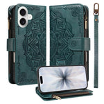 Custodia per telefono in ecopelle vegana con cerniera, protezione RFID e cordino corto, con motivo mandala in rilievo, 9 scomparti per carte e scomparto RFID., For iPhone 17e / 16e, For iPhone 17 Pro Max, For iPhone 17 Pro, For iPhone 17