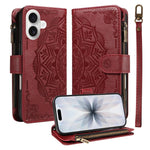 Custodia per telefono in ecopelle vegana con cerniera, protezione RFID e cordino corto, con motivo mandala in rilievo, 9 scomparti per carte e scomparto RFID., For iPhone 17e / 16e, For iPhone 17 Pro Max, For iPhone 17 Pro, For iPhone 17