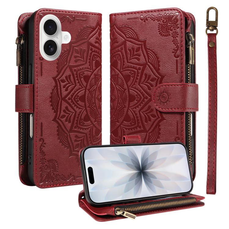 Custodia per telefono in ecopelle vegana con cerniera, protezione RFID e cordino corto, con motivo mandala in rilievo, 9 scomparti per carte e scomparto RFID., For iPhone 17e / 16e, For iPhone 17 Pro Max, For iPhone 17 Pro, For iPhone 17