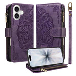 Custodia per telefono in ecopelle vegana con cerniera, protezione RFID e cordino corto, con motivo mandala in rilievo, 9 scomparti per carte e scomparto RFID., For iPhone 17e / 16e, For iPhone 17 Pro Max, For iPhone 17 Pro, For iPhone 17