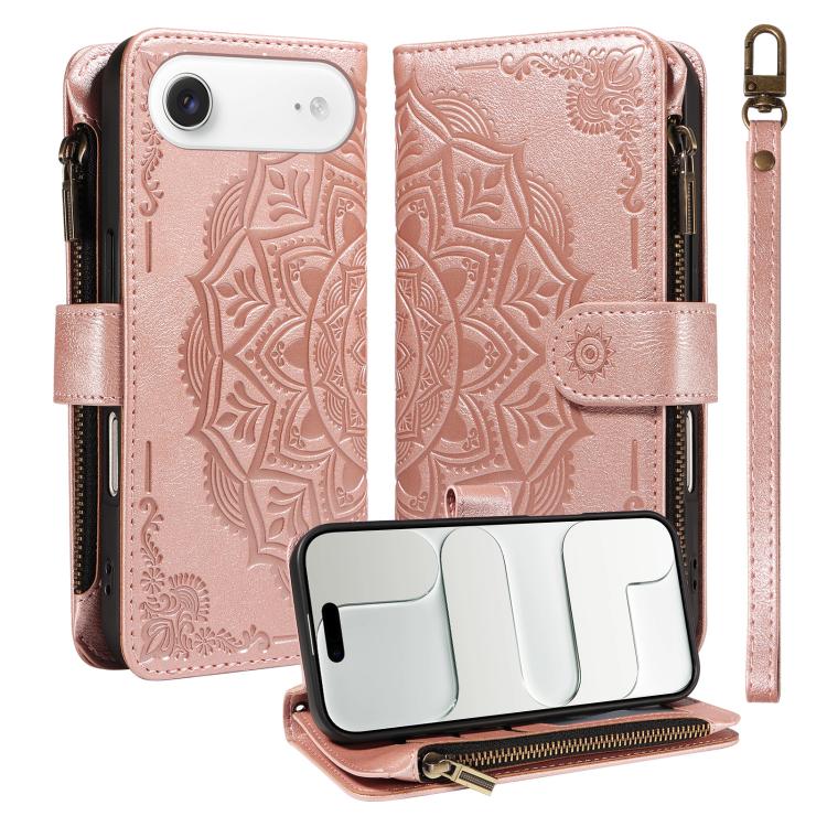 Custodia per telefono in ecopelle vegana con cerniera, protezione RFID e cordino corto, con motivo mandala in rilievo, 9 scomparti per carte e scomparto RFID., For iPhone Air, For iPhone 16 Pro Max, For iPhone 16 Pro, For iPhone 16 Plus