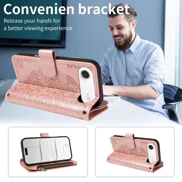 Custodia per telefono in ecopelle vegana con cerniera, protezione RFID e cordino corto, con motivo mandala in rilievo, 9 scomparti per carte e scomparto RFID., For iPhone Air, For iPhone 16 Pro Max, For iPhone 16 Pro, For iPhone 16 Plus