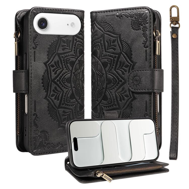 Custodia per telefono in ecopelle vegana con cerniera, protezione RFID e cordino corto, con motivo mandala in rilievo, 9 scomparti per carte e scomparto RFID., For iPhone Air, For iPhone 16 Pro Max, For iPhone 16 Pro, For iPhone 16 Plus