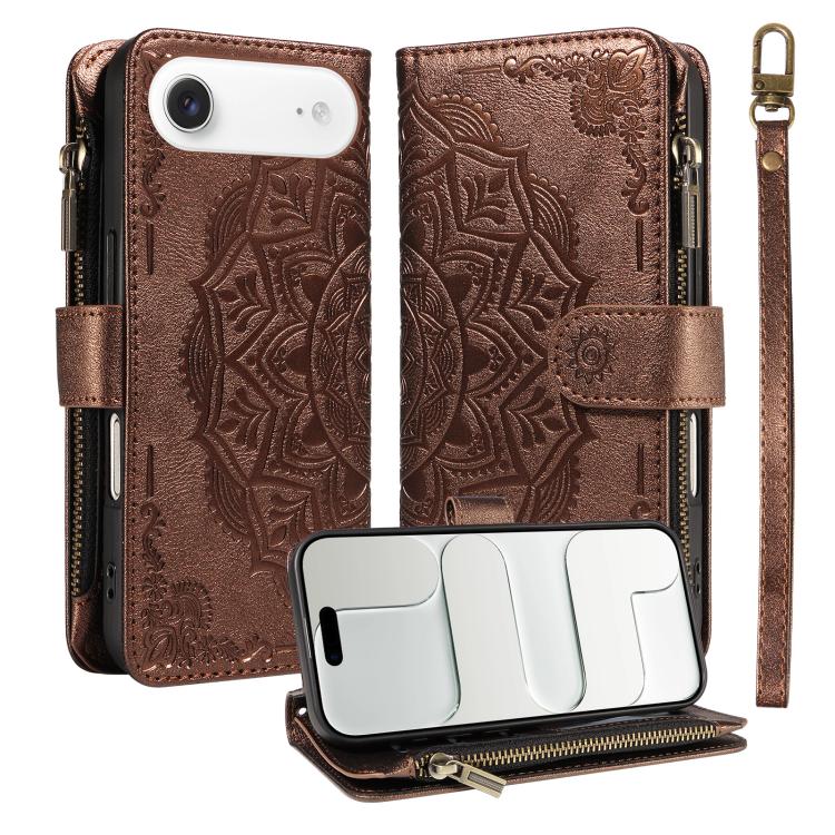 Custodia per telefono in ecopelle vegana con cerniera, protezione RFID e cordino corto, con motivo mandala in rilievo, 9 scomparti per carte e scomparto RFID., For iPhone Air, For iPhone 16 Pro Max, For iPhone 16 Pro, For iPhone 16 Plus