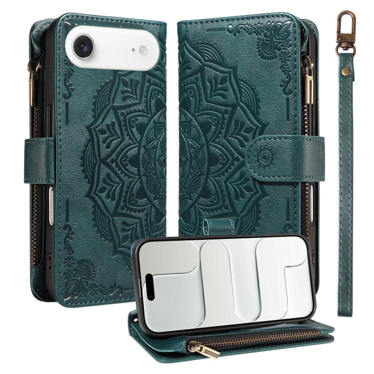 Custodia per telefono in ecopelle vegana con cerniera, protezione RFID e cordino corto, con motivo mandala in rilievo, 9 scomparti per carte e scomparto RFID., For iPhone Air, For iPhone 16 Pro Max, For iPhone 16 Pro, For iPhone 16 Plus
