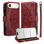 Custodia per telefono in ecopelle vegana con cerniera, protezione RFID e cordino corto, con motivo mandala in rilievo, 9 scomparti per carte e scomparto RFID., For iPhone Air, For iPhone 16 Pro Max, For iPhone 16 Pro, For iPhone 16 Plus