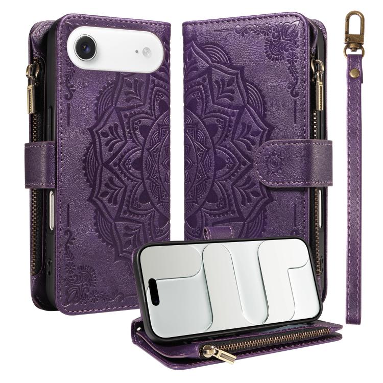 Custodia per telefono in ecopelle vegana con cerniera, protezione RFID e cordino corto, con motivo mandala in rilievo, 9 scomparti per carte e scomparto RFID., For iPhone Air, For iPhone 16 Pro Max, For iPhone 16 Pro, For iPhone 16 Plus