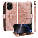 Custodia per telefono in ecopelle vegana con cerniera, protezione RFID e cordino corto, con motivo mandala in rilievo, 9 scomparti per carte e scomparto RFID., For iPhone Air, For iPhone 16 Pro Max, For iPhone 16 Pro, For iPhone 16 Plus