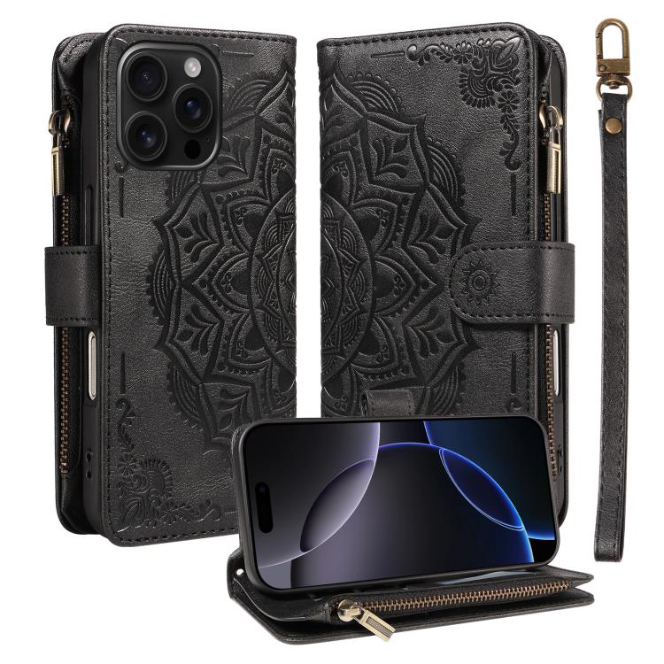 Custodia per telefono in ecopelle vegana con cerniera, protezione RFID e cordino corto, con motivo mandala in rilievo, 9 scomparti per carte e scomparto RFID., For iPhone Air, For iPhone 16 Pro Max, For iPhone 16 Pro, For iPhone 16 Plus