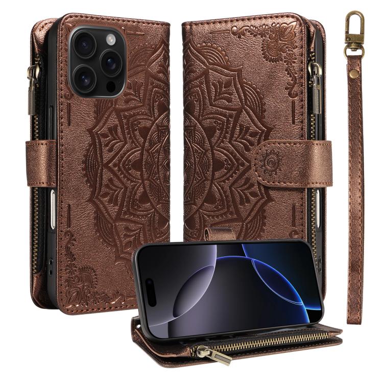 Custodia per telefono in ecopelle vegana con cerniera, protezione RFID e cordino corto, con motivo mandala in rilievo, 9 scomparti per carte e scomparto RFID., For iPhone Air, For iPhone 16 Pro Max, For iPhone 16 Pro, For iPhone 16 Plus
