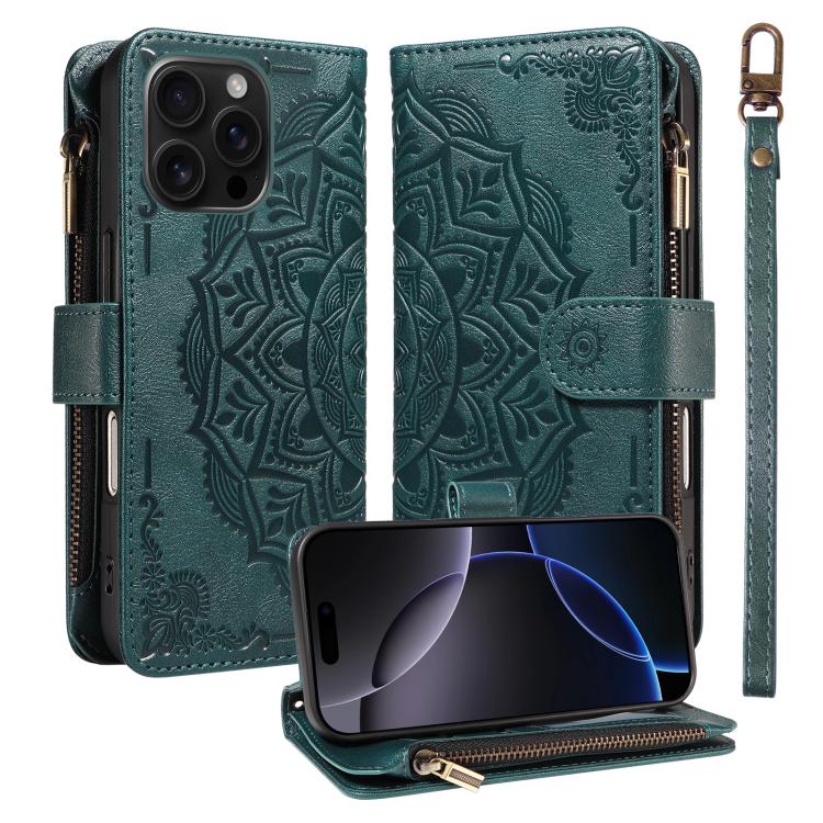 Custodia per telefono in ecopelle vegana con cerniera, protezione RFID e cordino corto, con motivo mandala in rilievo, 9 scomparti per carte e scomparto RFID., For iPhone Air, For iPhone 16 Pro Max, For iPhone 16 Pro, For iPhone 16 Plus