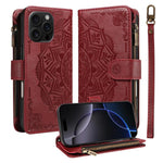 Custodia per telefono in ecopelle vegana con cerniera, protezione RFID e cordino corto, con motivo mandala in rilievo, 9 scomparti per carte e scomparto RFID., For iPhone Air, For iPhone 16 Pro Max, For iPhone 16 Pro, For iPhone 16 Plus