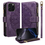 Custodia per telefono in ecopelle vegana con cerniera, protezione RFID e cordino corto, con motivo mandala in rilievo, 9 scomparti per carte e scomparto RFID., For iPhone Air, For iPhone 16 Pro Max, For iPhone 16 Pro, For iPhone 16 Plus