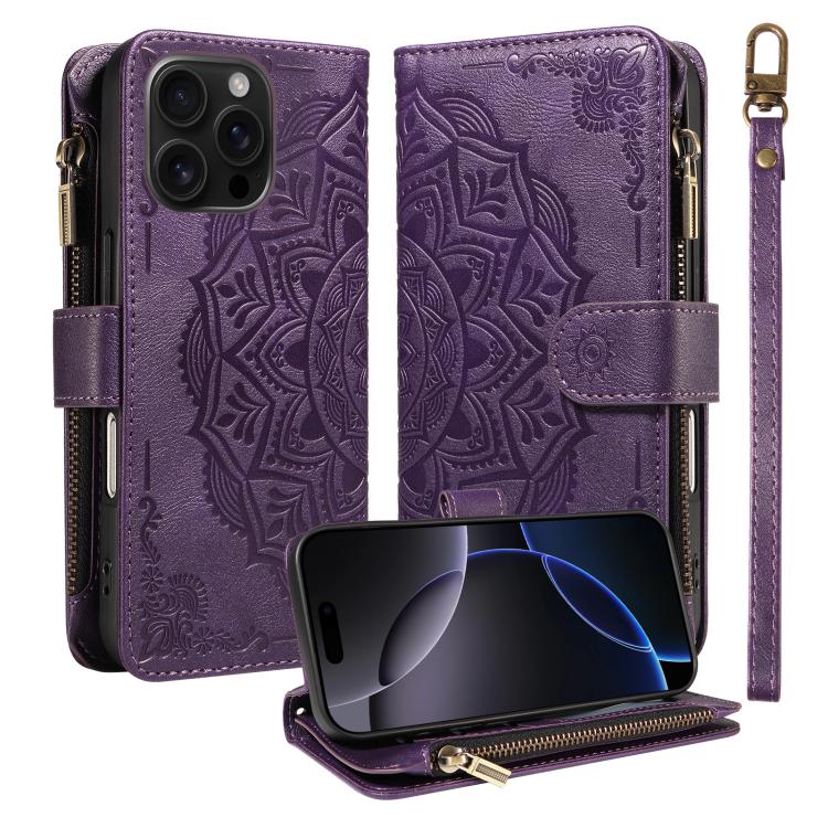Custodia per telefono in ecopelle vegana con cerniera, protezione RFID e cordino corto, con motivo mandala in rilievo, 9 scomparti per carte e scomparto RFID., For iPhone Air, For iPhone 16 Pro Max, For iPhone 16 Pro, For iPhone 16 Plus