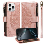 Custodia per telefono in ecopelle vegana con cerniera, protezione RFID e cordino corto, con motivo mandala in rilievo, 9 scomparti per carte e scomparto RFID., For iPhone Air, For iPhone 16 Pro Max, For iPhone 16 Pro, For iPhone 16 Plus