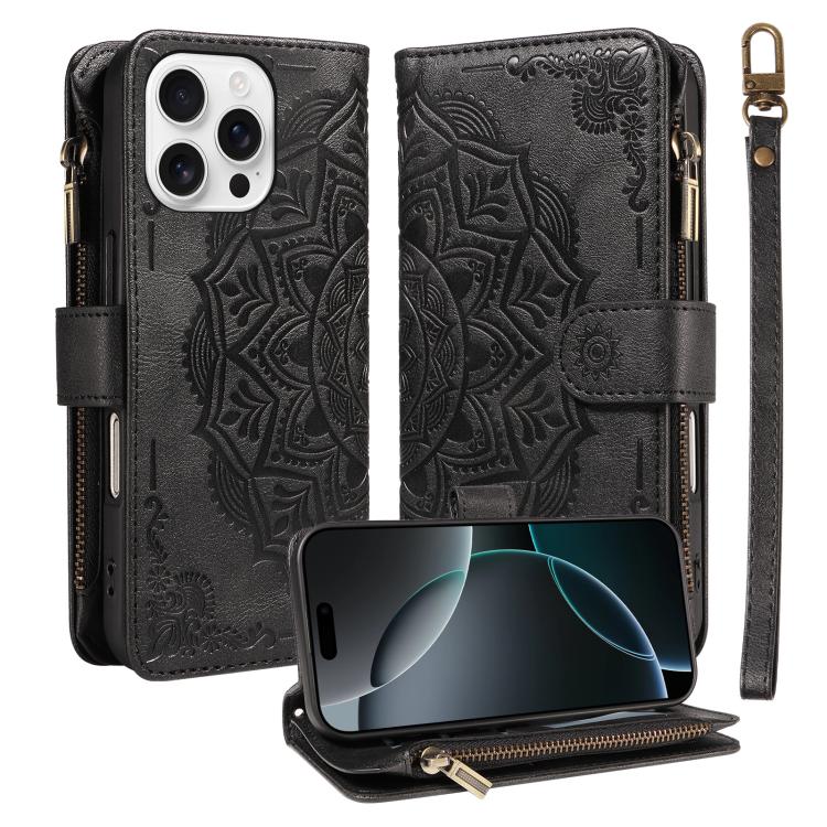 Custodia per telefono in ecopelle vegana con cerniera, protezione RFID e cordino corto, con motivo mandala in rilievo, 9 scomparti per carte e scomparto RFID., For iPhone Air, For iPhone 16 Pro Max, For iPhone 16 Pro, For iPhone 16 Plus