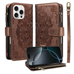 Custodia per telefono in ecopelle vegana con cerniera, protezione RFID e cordino corto, con motivo mandala in rilievo, 9 scomparti per carte e scomparto RFID., For iPhone Air, For iPhone 16 Pro Max, For iPhone 16 Pro, For iPhone 16 Plus