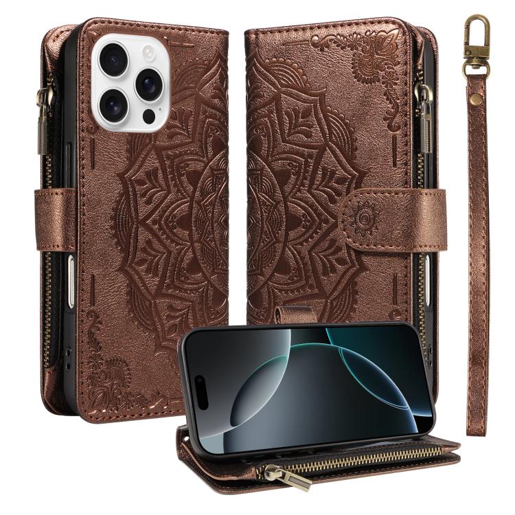 Custodia per telefono in ecopelle vegana con cerniera, protezione RFID e cordino corto, con motivo mandala in rilievo, 9 scomparti per carte e scomparto RFID., For iPhone Air, For iPhone 16 Pro Max, For iPhone 16 Pro, For iPhone 16 Plus