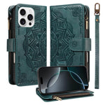 Custodia per telefono in ecopelle vegana con cerniera, protezione RFID e cordino corto, con motivo mandala in rilievo, 9 scomparti per carte e scomparto RFID., For iPhone Air, For iPhone 16 Pro Max, For iPhone 16 Pro, For iPhone 16 Plus