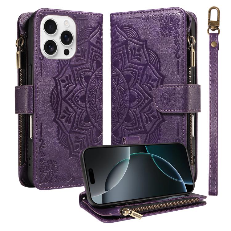 Custodia per telefono in ecopelle vegana con cerniera, protezione RFID e cordino corto, con motivo mandala in rilievo, 9 scomparti per carte e scomparto RFID., For iPhone Air, For iPhone 16 Pro Max, For iPhone 16 Pro, For iPhone 16 Plus