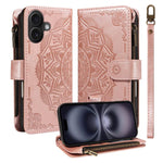 Custodia per telefono in ecopelle vegana con cerniera, protezione RFID e cordino corto, con motivo mandala in rilievo, 9 scomparti per carte e scomparto RFID., For iPhone Air, For iPhone 16 Pro Max, For iPhone 16 Pro, For iPhone 16 Plus