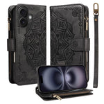 Custodia per telefono in ecopelle vegana con cerniera, protezione RFID e cordino corto, con motivo mandala in rilievo, 9 scomparti per carte e scomparto RFID., For iPhone Air, For iPhone 16 Pro Max, For iPhone 16 Pro, For iPhone 16 Plus