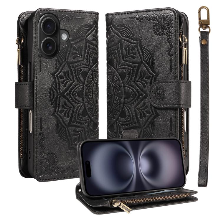 Custodia per telefono in ecopelle vegana con cerniera, protezione RFID e cordino corto, con motivo mandala in rilievo, 9 scomparti per carte e scomparto RFID., For iPhone Air, For iPhone 16 Pro Max, For iPhone 16 Pro, For iPhone 16 Plus