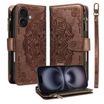 Custodia per telefono in ecopelle vegana con cerniera, protezione RFID e cordino corto, con motivo mandala in rilievo, 9 scomparti per carte e scomparto RFID., For iPhone Air, For iPhone 16 Pro Max, For iPhone 16 Pro, For iPhone 16 Plus