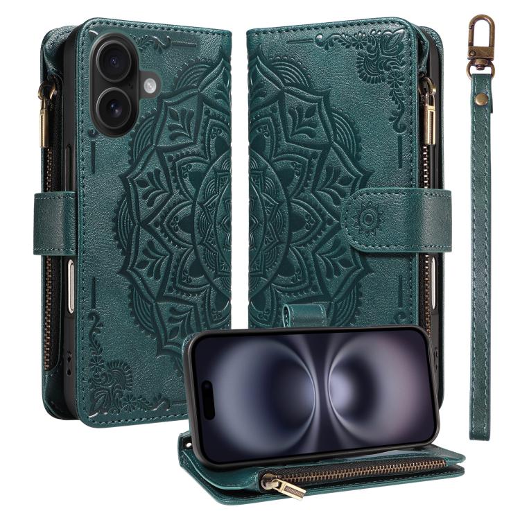 Custodia per telefono in ecopelle vegana con cerniera, protezione RFID e cordino corto, con motivo mandala in rilievo, 9 scomparti per carte e scomparto RFID., For iPhone Air, For iPhone 16 Pro Max, For iPhone 16 Pro, For iPhone 16 Plus