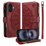 Custodia per telefono in ecopelle vegana con cerniera, protezione RFID e cordino corto, con motivo mandala in rilievo, 9 scomparti per carte e scomparto RFID., For iPhone Air, For iPhone 16 Pro Max, For iPhone 16 Pro, For iPhone 16 Plus