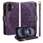 Custodia per telefono in ecopelle vegana con cerniera, protezione RFID e cordino corto, con motivo mandala in rilievo, 9 scomparti per carte e scomparto RFID., For iPhone Air, For iPhone 16 Pro Max, For iPhone 16 Pro, For iPhone 16 Plus
