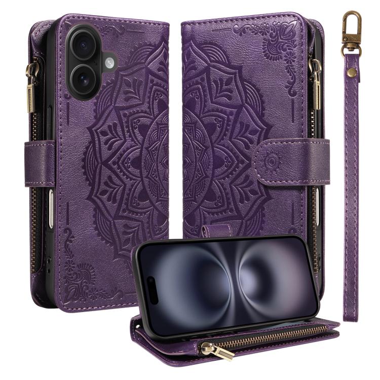 Custodia per telefono in ecopelle vegana con cerniera, protezione RFID e cordino corto, con motivo mandala in rilievo, 9 scomparti per carte e scomparto RFID., For iPhone Air, For iPhone 16 Pro Max, For iPhone 16 Pro, For iPhone 16 Plus