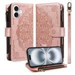 Custodia per telefono in ecopelle vegana con cerniera, protezione RFID e cordino corto, con motivo mandala in rilievo, 9 scomparti per carte e scomparto RFID., For iPhone 16, For iPhone 15 Pro Max, For iPhone 15 Pro, For iPhone 15 Plus