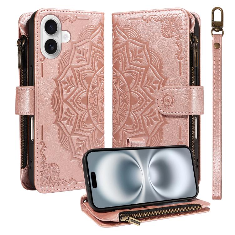 Custodia per telefono in ecopelle vegana con cerniera, protezione RFID e cordino corto, con motivo mandala in rilievo, 9 scomparti per carte e scomparto RFID., For iPhone 16, For iPhone 15 Pro Max, For iPhone 15 Pro, For iPhone 15 Plus