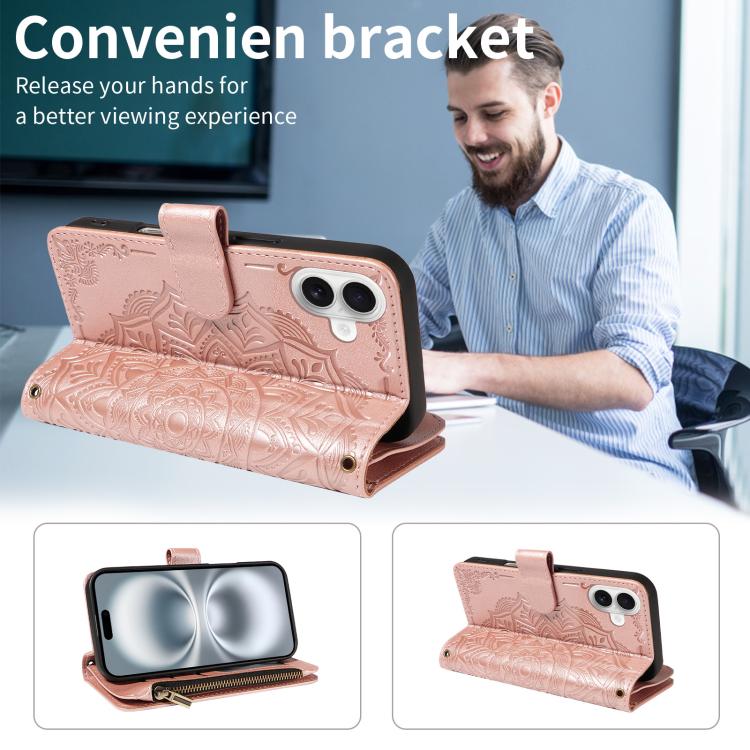 Custodia per telefono in ecopelle vegana con cerniera, protezione RFID e cordino corto, con motivo mandala in rilievo, 9 scomparti per carte e scomparto RFID., For iPhone 16, For iPhone 15 Pro Max, For iPhone 15 Pro, For iPhone 15 Plus