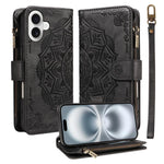 Custodia per telefono in ecopelle vegana con cerniera, protezione RFID e cordino corto, con motivo mandala in rilievo, 9 scomparti per carte e scomparto RFID., For iPhone 16, For iPhone 15 Pro Max, For iPhone 15 Pro, For iPhone 15 Plus