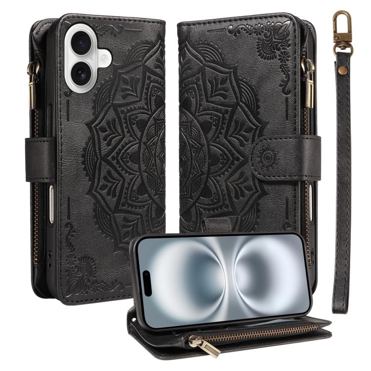 Custodia per telefono in ecopelle vegana con cerniera, protezione RFID e cordino corto, con motivo mandala in rilievo, 9 scomparti per carte e scomparto RFID., For iPhone 16, For iPhone 15 Pro Max, For iPhone 15 Pro, For iPhone 15 Plus