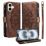 Custodia per telefono in ecopelle vegana con cerniera, protezione RFID e cordino corto, con motivo mandala in rilievo, 9 scomparti per carte e scomparto RFID., For iPhone 16, For iPhone 15 Pro Max, For iPhone 15 Pro, For iPhone 15 Plus