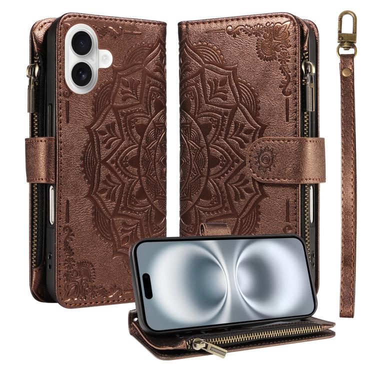 Custodia per telefono in ecopelle vegana con cerniera, protezione RFID e cordino corto, con motivo mandala in rilievo, 9 scomparti per carte e scomparto RFID., For iPhone 16, For iPhone 15 Pro Max, For iPhone 15 Pro, For iPhone 15 Plus
