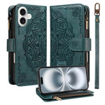 Custodia per telefono in ecopelle vegana con cerniera, protezione RFID e cordino corto, con motivo mandala in rilievo, 9 scomparti per carte e scomparto RFID., For iPhone 16, For iPhone 15 Pro Max, For iPhone 15 Pro, For iPhone 15 Plus