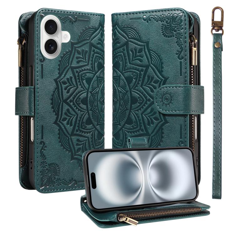 Custodia per telefono in ecopelle vegana con cerniera, protezione RFID e cordino corto, con motivo mandala in rilievo, 9 scomparti per carte e scomparto RFID., For iPhone 16, For iPhone 15 Pro Max, For iPhone 15 Pro, For iPhone 15 Plus
