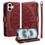 Custodia per telefono in ecopelle vegana con cerniera, protezione RFID e cordino corto, con motivo mandala in rilievo, 9 scomparti per carte e scomparto RFID., For iPhone 16, For iPhone 15 Pro Max, For iPhone 15 Pro, For iPhone 15 Plus