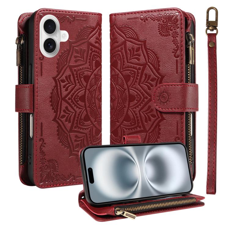 Custodia per telefono in ecopelle vegana con cerniera, protezione RFID e cordino corto, con motivo mandala in rilievo, 9 scomparti per carte e scomparto RFID., For iPhone 16, For iPhone 15 Pro Max, For iPhone 15 Pro, For iPhone 15 Plus