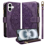 Custodia per telefono in ecopelle vegana con cerniera, protezione RFID e cordino corto, con motivo mandala in rilievo, 9 scomparti per carte e scomparto RFID., For iPhone 16, For iPhone 15 Pro Max, For iPhone 15 Pro, For iPhone 15 Plus