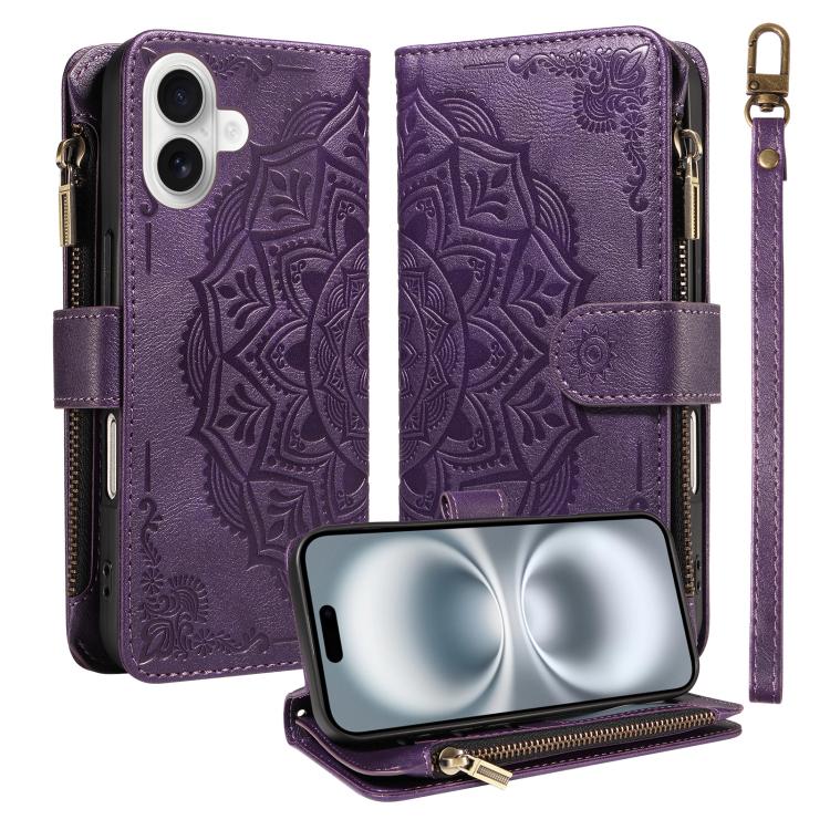 Custodia per telefono in ecopelle vegana con cerniera, protezione RFID e cordino corto, con motivo mandala in rilievo, 9 scomparti per carte e scomparto RFID., For iPhone 16, For iPhone 15 Pro Max, For iPhone 15 Pro, For iPhone 15 Plus